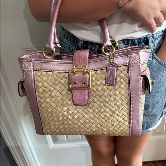 Coach Vintage Straw/Suede Metallic Pink Woven Satchel - Picture 1 of 12